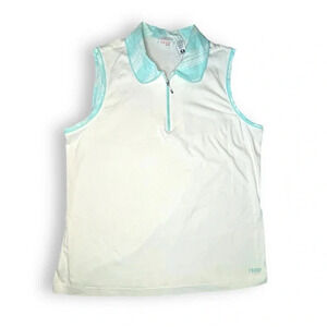 Izod Women’s Sleeveless Polo Shirt XFG Stretch White & Aqua Plaid Collar -  XL